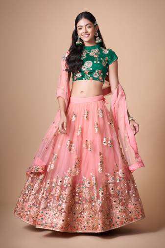 Peach Thread Zari Dori And Sequins Embroidered With Mirror Work Soft Net Lehenga Choli