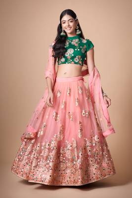 Peach Thread Zari Dori And Sequins Embroidered With Mirror Work Soft Net Lehenga Choli 1