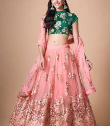 Peach Thread Zari Dori And Sequins Embroidered With Mirror Work Soft Net Lehenga Choli