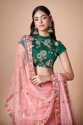 Peach Thread Zari Dori And Sequins Embroidered With Mirror Work Soft Net Lehenga Choli 2