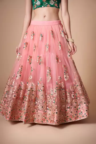 Peach Thread Zari Dori And Sequins Embroidered With Mirror Work Soft Net Lehenga Choli