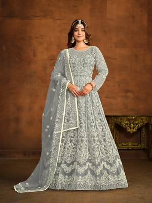 GREY EMBROIDERED SOFT NET ANARKALI SALWAR KAMEEZ 1