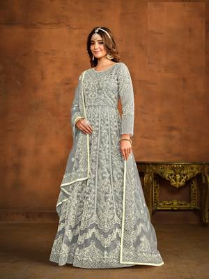 GREY EMBROIDERED SOFT NET ANARKALI SALWAR KAMEEZ 2