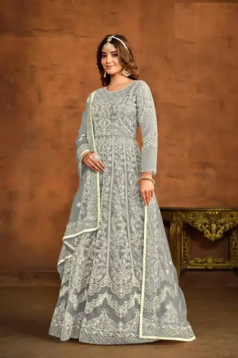GREY EMBROIDERED SOFT NET ANARKALI SALWAR KAMEEZ