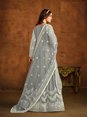 GREY EMBROIDERED SOFT NET ANARKALI SALWAR KAMEEZ 3