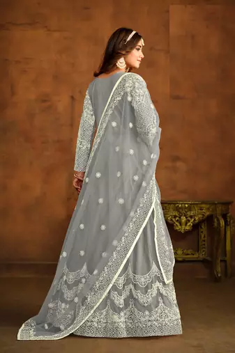 GREY EMBROIDERED SOFT NET ANARKALI SALWAR KAMEEZ