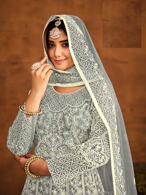GREY EMBROIDERED SOFT NET ANARKALI SALWAR KAMEEZ 4