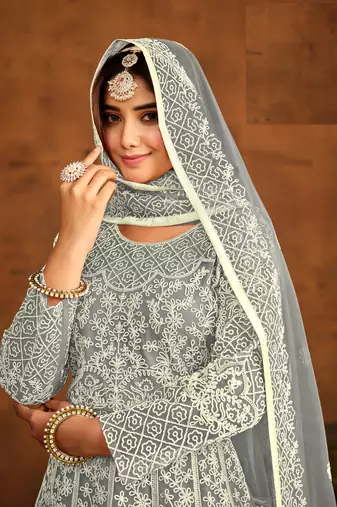 GREY EMBROIDERED SOFT NET ANARKALI SALWAR KAMEEZ