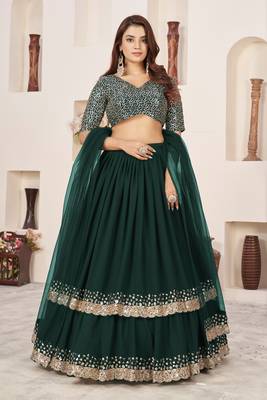 GREEN SEQUINS & ZARI EMBROIDERED GEORGETTE DESIGNER BRIDAL WEDDING & PARTY WEAR FESTIVAL SEMI STITCHED LEHENGA 1