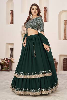 GREEN SEQUINS & ZARI EMBROIDERED GEORGETTE DESIGNER BRIDAL WEDDING & PARTY WEAR FESTIVAL SEMI STITCHED LEHENGA 2