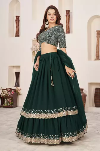 GREEN SEQUINS & ZARI EMBROIDERED GEORGETTE DESIGNER BRIDAL WEDDING & PARTY WEAR FESTIVAL SEMI STITCHED LEHENGA