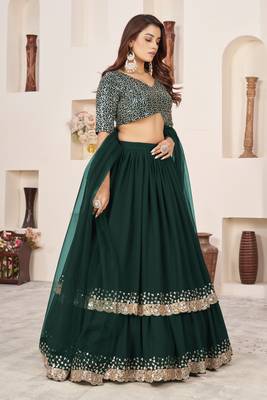 GREEN SEQUINS & ZARI EMBROIDERED GEORGETTE DESIGNER BRIDAL WEDDING & PARTY WEAR FESTIVAL SEMI STITCHED LEHENGA 3