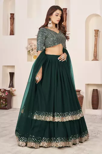 GREEN SEQUINS & ZARI EMBROIDERED GEORGETTE DESIGNER BRIDAL WEDDING & PARTY WEAR FESTIVAL SEMI STITCHED LEHENGA