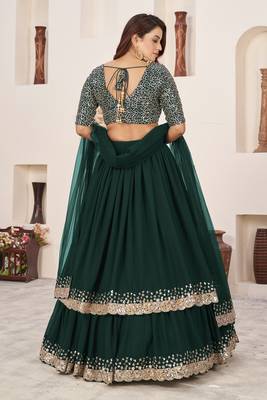 GREEN SEQUINS & ZARI EMBROIDERED GEORGETTE DESIGNER BRIDAL WEDDING & PARTY WEAR FESTIVAL SEMI STITCHED LEHENGA 4