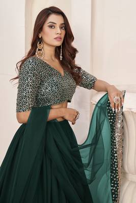 GREEN SEQUINS & ZARI EMBROIDERED GEORGETTE DESIGNER BRIDAL WEDDING & PARTY WEAR FESTIVAL SEMI STITCHED LEHENGA 5