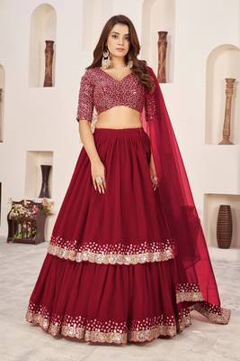 RED SEQUINS & ZARI EMBROIDERED GEORGETTE DESIGNER BRIDAL WEDDING & PARTY WEAR FESTIVAL SEMI STITCHED LEHENGA 1
