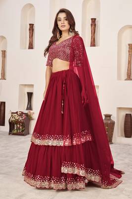 RED SEQUINS & ZARI EMBROIDERED GEORGETTE DESIGNER BRIDAL WEDDING & PARTY WEAR FESTIVAL SEMI STITCHED LEHENGA 2
