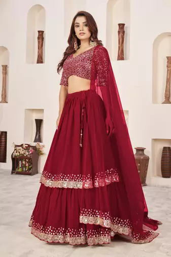 RED SEQUINS & ZARI EMBROIDERED GEORGETTE DESIGNER BRIDAL WEDDING & PARTY WEAR FESTIVAL SEMI STITCHED LEHENGA