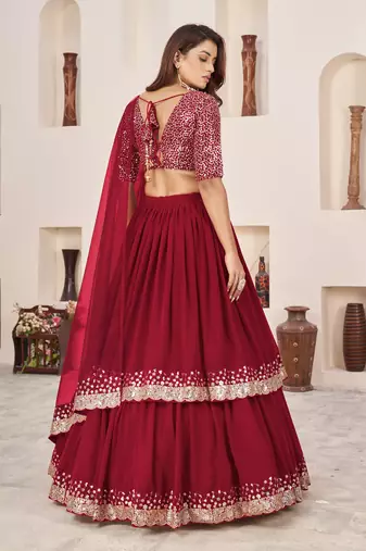 RED SEQUINS & ZARI EMBROIDERED GEORGETTE DESIGNER BRIDAL WEDDING & PARTY WEAR FESTIVAL SEMI STITCHED LEHENGA