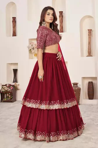 RED SEQUINS & ZARI EMBROIDERED GEORGETTE DESIGNER BRIDAL WEDDING & PARTY WEAR FESTIVAL SEMI STITCHED LEHENGA