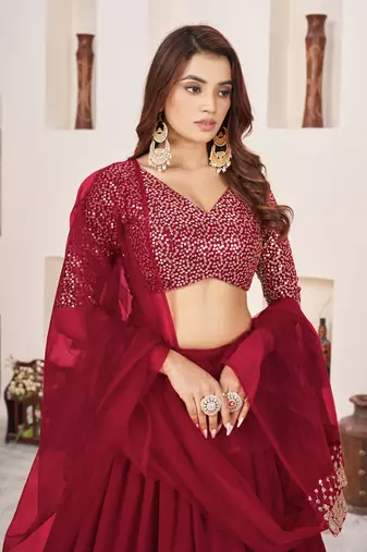 RED SEQUINS & ZARI EMBROIDERED GEORGETTE DESIGNER BRIDAL WEDDING & PARTY WEAR FESTIVAL SEMI STITCHED LEHENGA