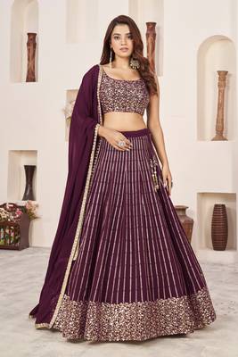 WINE SEQUINS & ZARI EMBROIDERED GEORGETTE DESIGNER BRIDAL WEDDING & PARTY WEAR FESTIVAL SEMI STITCHED LEHENGA 1