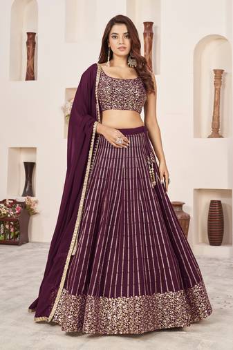 WINE SEQUINS & ZARI EMBROIDERED GEORGETTE DESIGNER BRIDAL WEDDING & PARTY WEAR FESTIVAL SEMI STITCHED LEHENGA