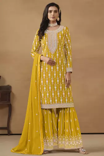 Mustard faux georgette heavy thread embroidery with sequis work salwar kameez