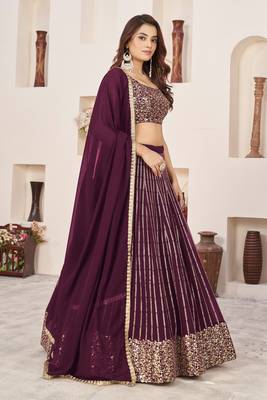 WINE SEQUINS & ZARI EMBROIDERED GEORGETTE DESIGNER BRIDAL WEDDING & PARTY WEAR FESTIVAL SEMI STITCHED LEHENGA 2