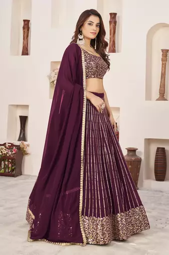 WINE SEQUINS & ZARI EMBROIDERED GEORGETTE DESIGNER BRIDAL WEDDING & PARTY WEAR FESTIVAL SEMI STITCHED LEHENGA