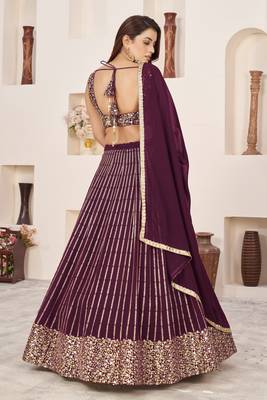 WINE SEQUINS & ZARI EMBROIDERED GEORGETTE DESIGNER BRIDAL WEDDING & PARTY WEAR FESTIVAL SEMI STITCHED LEHENGA 3