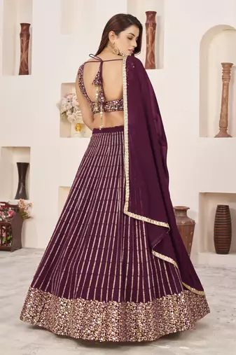 WINE SEQUINS & ZARI EMBROIDERED GEORGETTE DESIGNER BRIDAL WEDDING & PARTY WEAR FESTIVAL SEMI STITCHED LEHENGA