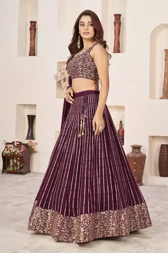 WINE SEQUINS & ZARI EMBROIDERED GEORGETTE DESIGNER BRIDAL WEDDING & PARTY WEAR FESTIVAL SEMI STITCHED LEHENGA