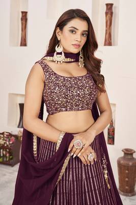 WINE SEQUINS & ZARI EMBROIDERED GEORGETTE DESIGNER BRIDAL WEDDING & PARTY WEAR FESTIVAL SEMI STITCHED LEHENGA 5