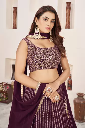 WINE SEQUINS & ZARI EMBROIDERED GEORGETTE DESIGNER BRIDAL WEDDING & PARTY WEAR FESTIVAL SEMI STITCHED LEHENGA
