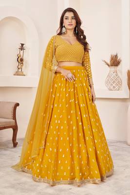 YELLOW SEQUINS & ZARI EMBROIDERED GEORGETTE DESIGNER BRIDAL WEDDING & PARTY WEAR FESTIVAL SEMI STITCHED LEHENGA 1