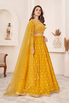 YELLOW SEQUINS & ZARI EMBROIDERED GEORGETTE DESIGNER BRIDAL WEDDING & PARTY WEAR FESTIVAL SEMI STITCHED LEHENGA 2