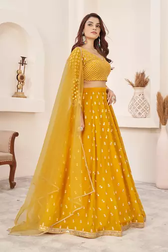 YELLOW SEQUINS & ZARI EMBROIDERED GEORGETTE DESIGNER BRIDAL WEDDING & PARTY WEAR FESTIVAL SEMI STITCHED LEHENGA