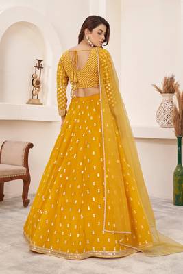 YELLOW SEQUINS & ZARI EMBROIDERED GEORGETTE DESIGNER BRIDAL WEDDING & PARTY WEAR FESTIVAL SEMI STITCHED LEHENGA 3