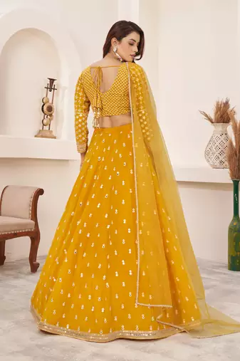YELLOW SEQUINS & ZARI EMBROIDERED GEORGETTE DESIGNER BRIDAL WEDDING & PARTY WEAR FESTIVAL SEMI STITCHED LEHENGA