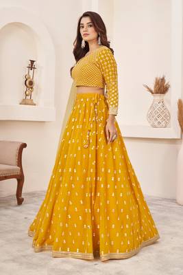 YELLOW SEQUINS & ZARI EMBROIDERED GEORGETTE DESIGNER BRIDAL WEDDING & PARTY WEAR FESTIVAL SEMI STITCHED LEHENGA 4