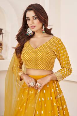 YELLOW SEQUINS & ZARI EMBROIDERED GEORGETTE DESIGNER BRIDAL WEDDING & PARTY WEAR FESTIVAL SEMI STITCHED LEHENGA 5