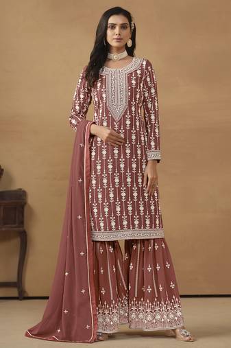 Chocolate faux georgette heavy thread embroidery with sequis work salwar kameez