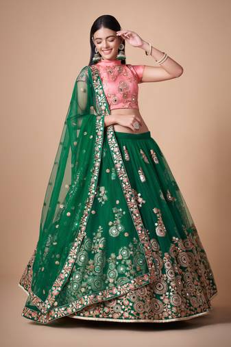 Green Thread Zari Dori And Sequins Embroidered With Mirror Work Soft Net Lehenga Choli For Women