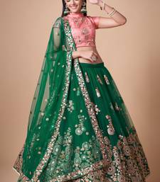 Green Thread Zari Dori And Sequins Embroidered With Mirror Work Soft Net Lehenga Choli For Women