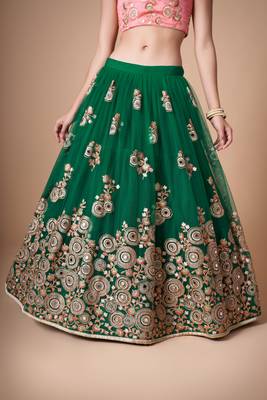 Green Thread Zari Dori And Sequins Embroidered With Mirror Work Soft Net Lehenga Choli For Women 3