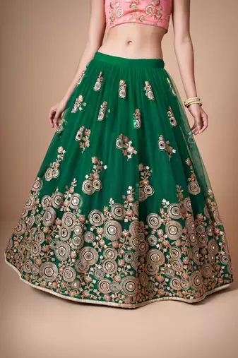 Green Thread Zari Dori And Sequins Embroidered With Mirror Work Soft Net Lehenga Choli For Women