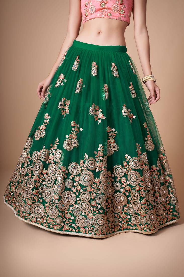 Green Thread Zari Dori And Sequins Embroidered With Mirror Work Soft Net Lehenga Choli For Women