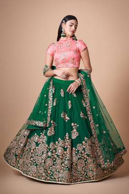 Green Thread Zari Dori And Sequins Embroidered With Mirror Work Soft Net Lehenga Choli For Women 4