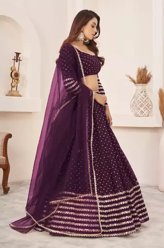 WINE SEQUINS & ZARI EMBROIDERED GEORGETTE DESIGNER BRIDAL WEDDING & PARTY WEAR FESTIVAL SEMI STITCHED LEHENGA